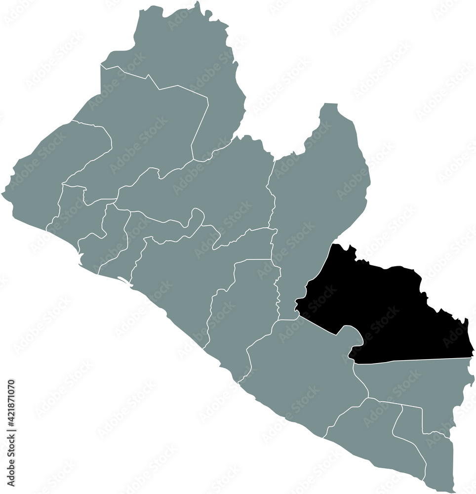 Black highlighted location map of the Liberian Grand Gedeh county inside gray map of the Republic of Liberia