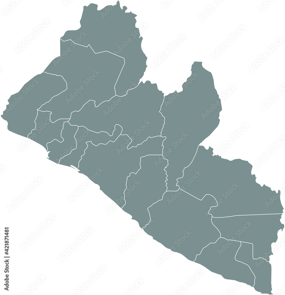 Gray vector map of the Republic of Liberia with white borders of its counties