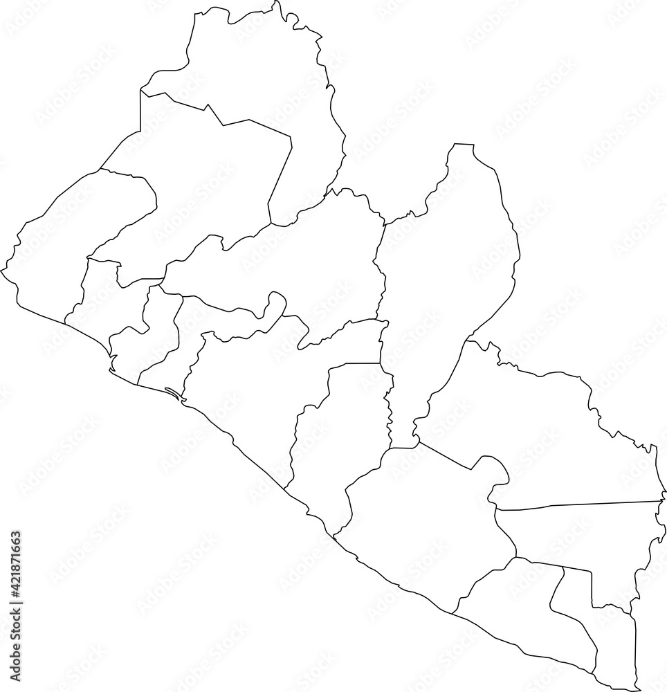 Fototapeta premium White vector map of the Republic of Liberia with black borders of its counties