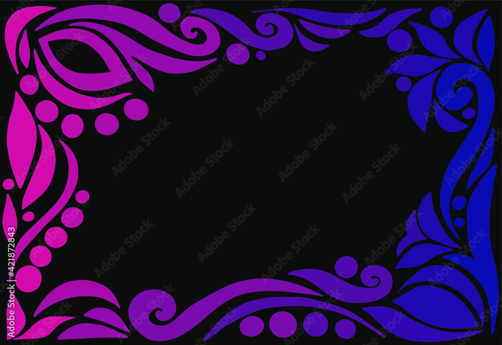 Abstract vector template.  Hand-drawn decorative frame.  Dark background.  Bright colors on a black background.  Use as a postcard, banner, poster, invitation, cover.  Graphic design