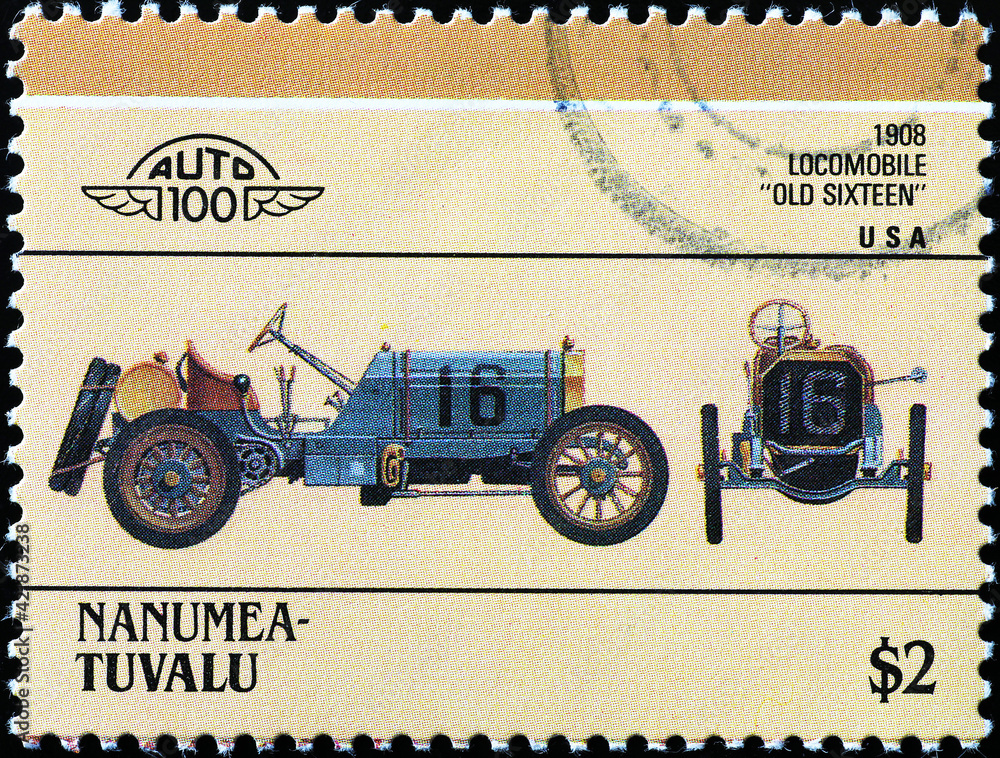 Nice sport car of 1908 on postage stamp
