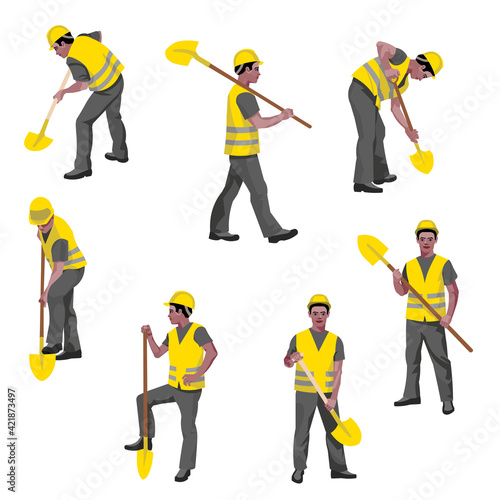 A set of vector figures of a black worker with a shovel standing, walking, digging