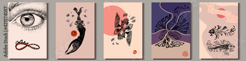Set of artistic hand-drawn graphic posters. Eye and infinity symbol, mermaid, abstract images and fantasy fish. Vector Illustration