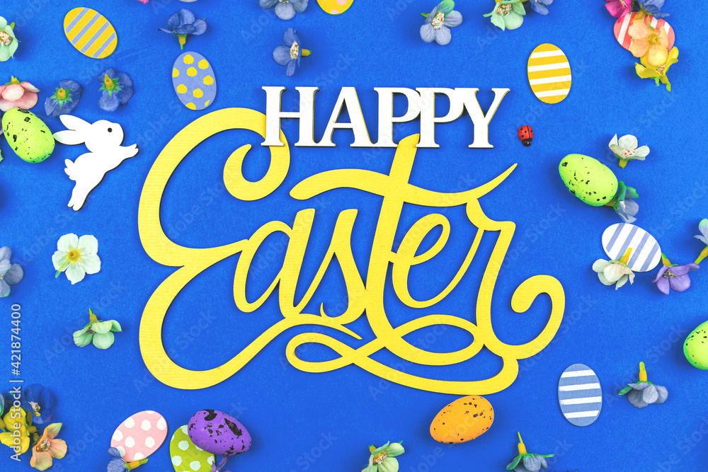 Happy Easter congratulatory and festive background with decorations Happy Easter congratulatory and festive background with decorations