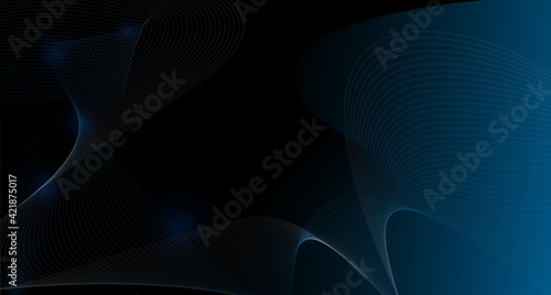 Abstract design with refracted lines blue and white. Colored dynamic waves on a black blue background. Geometric abstract banner for text. Vector illustration, template.