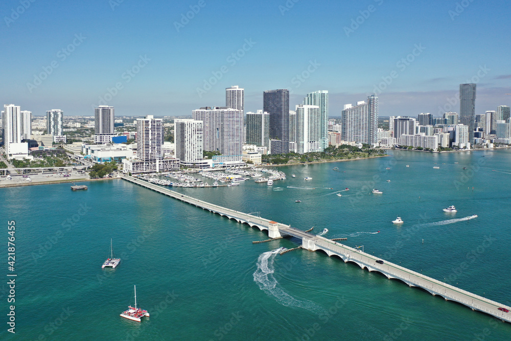 Fototapeta premium Aerial view of waterfront buildings on Intracoastal Waterway in Miami Florida.