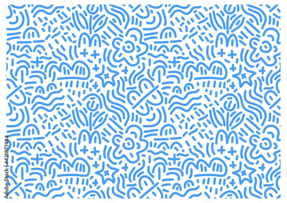 Pattern drawn by a line of doodles forming abstract objects, animals and character.