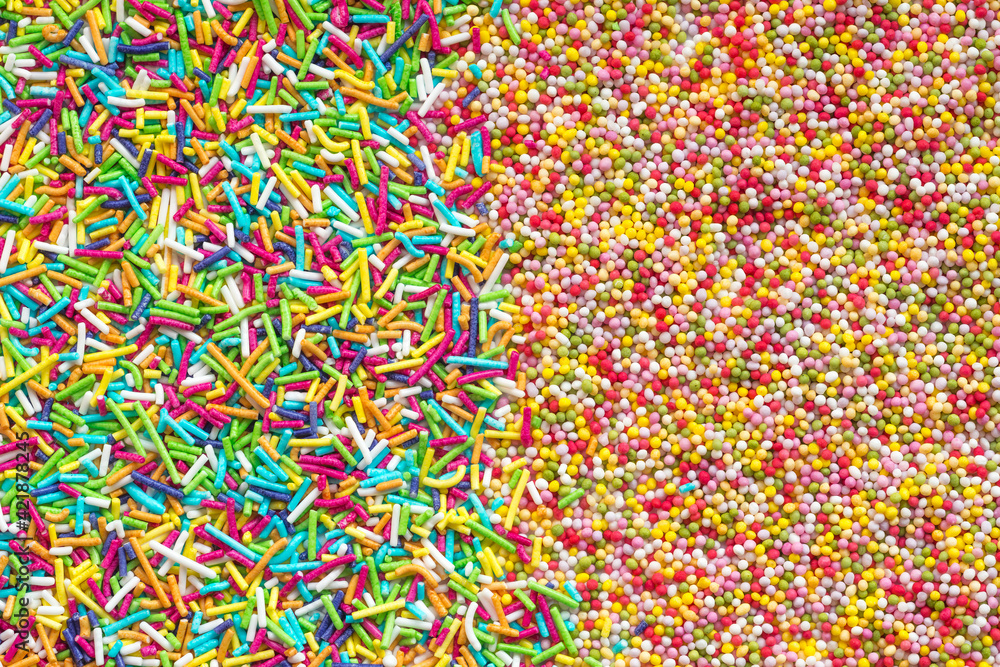 Multicolored ball-shaped vs rod-shaped sprinkles Multicolored ball-shaped vs rod-shaped sprinkles