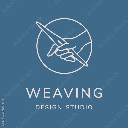 Weaving vector logo design. Line art minimal modern illustration. Hand with weaving shuttle.