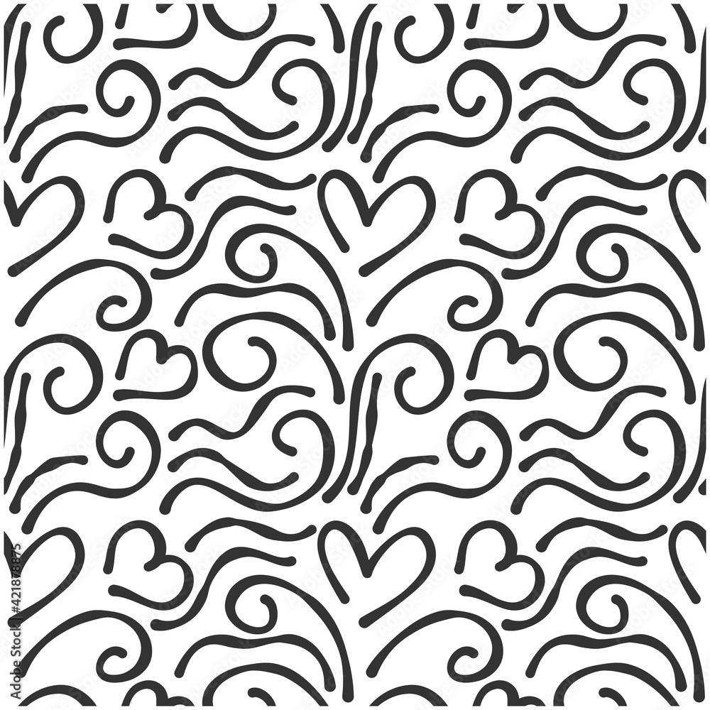Pattern of black lines waves with hearts.