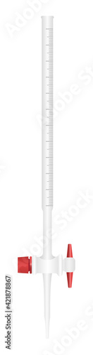 Vector illustration of burette with a stopcock used in analytical chemistry for titrimetry, titration. Volumetric measuring glassware isolated on a white background.  Accurate dispensing of a liquid.