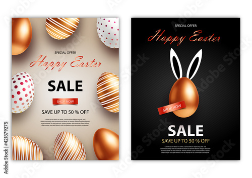 Easter Sale white, black and rose gold posters or flyers design set with eggs and rabbits ears. Place for your text.