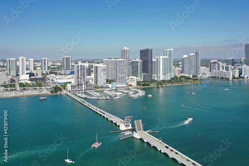 Aerial view of waterfront buildings on Intracoastal Waterway in Miami Florida.