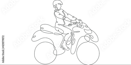 Offroad racing sport ATV with rider. One continuous drawing line logo single hand drawn art doodle isolated minimal illustration.