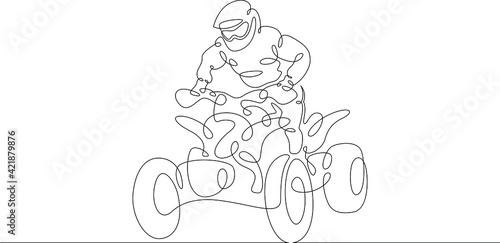 Offroad racing sport ATV with rider. One continuous drawing line logo single hand drawn art doodle isolated minimal illustration.