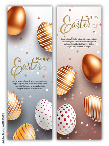 Easter Sale white, black and rose gold posters or flyers design set with eggs and rabbits ears. Place for your text.