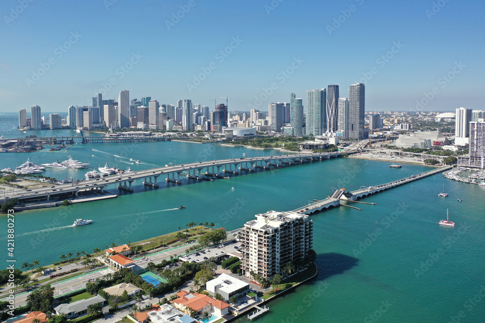 Aerial view of Waterfront buildings on Intracoastal Waterway in Miami Florida.