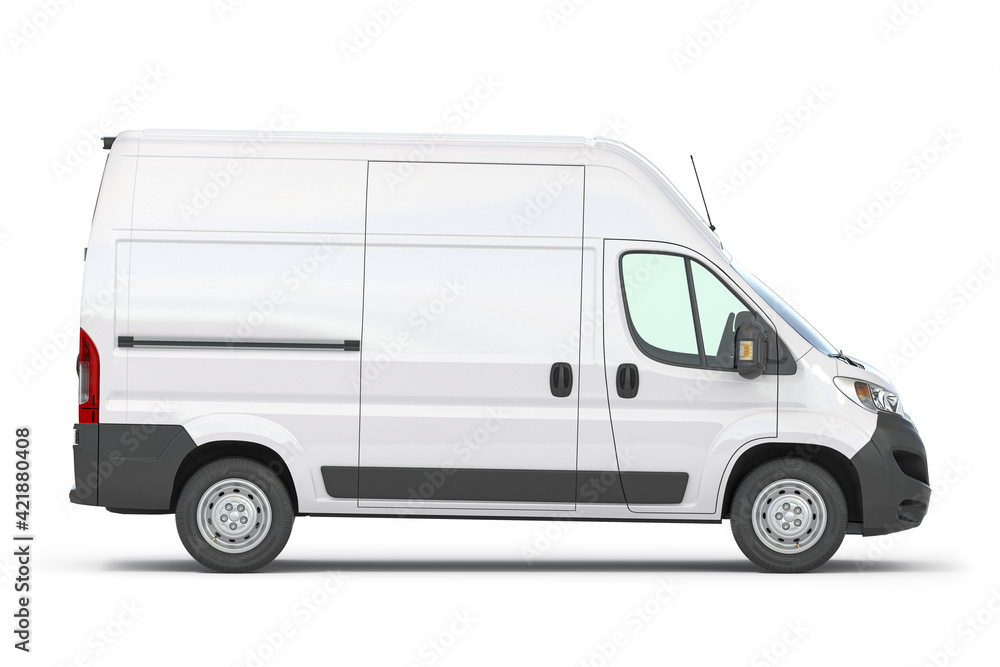 White commercial delivery van isolated on white, side view.