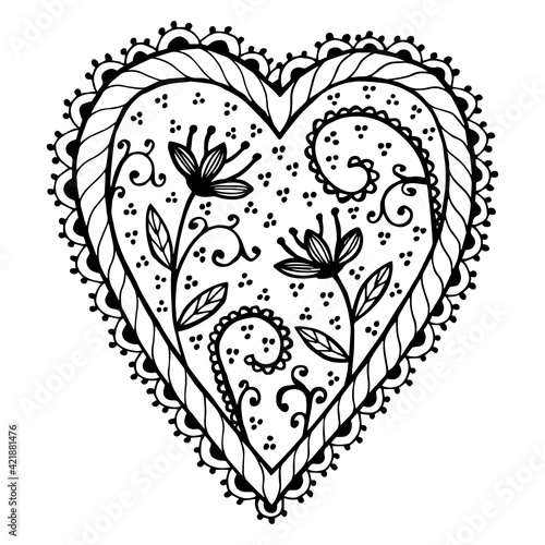 Black and white abstract floral design. Cute heart shaped floral drawing. Abstract ornamental composition. Card design element. Isolated hand drawn vector illustration.