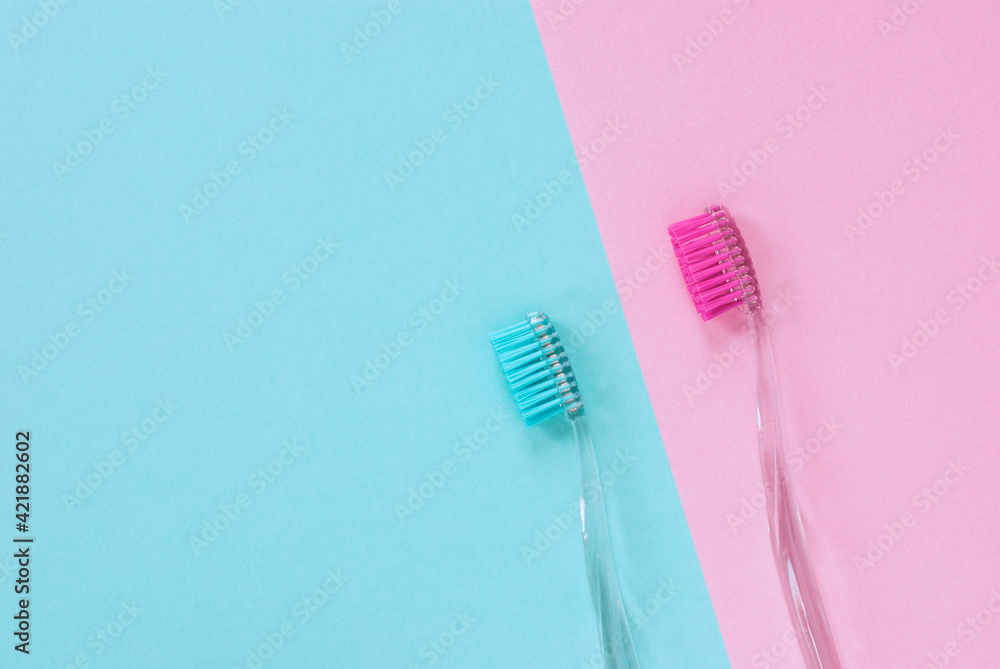 Pink and blue toothbrushes for him and her, minimal design with copy space Pink and blue toothbrushes for him and her, minimal design with copy space