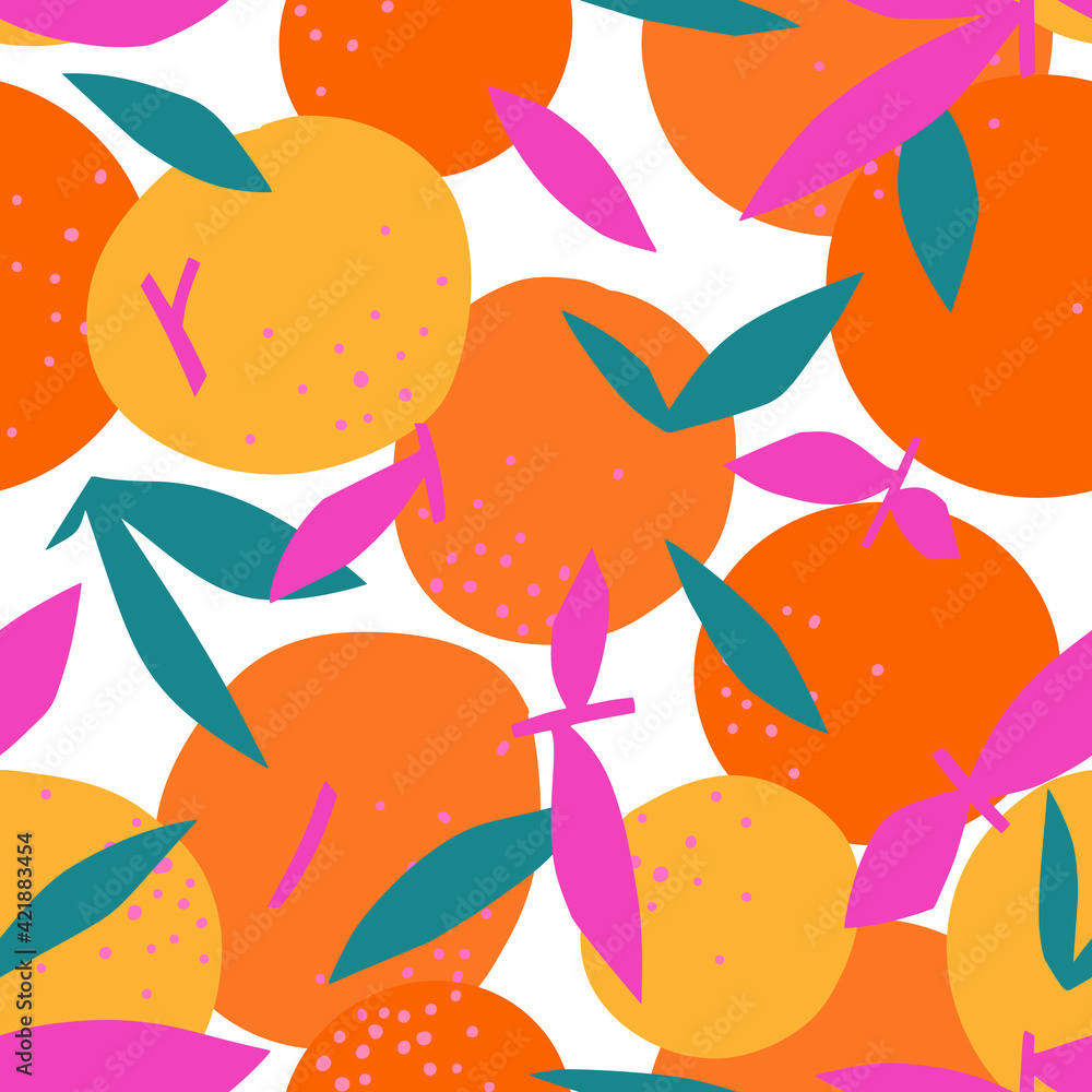 Floral Fruit seamless pattern made of oranges with leaves. Artistic background. Cut out paper design. Top view. Flat botanical illustration.