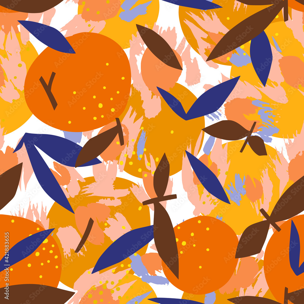 Naklejka premium Mixed orange seamless pattern with abstract shapes. Artistic floral fruit illustration. Cut out paper design. Flat botanical background.