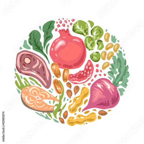 Set of vegetables, meat and fruit.