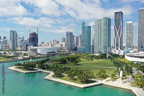 Aerial view of Museum Park and waterfront residential towers in Miami, Florida. photo