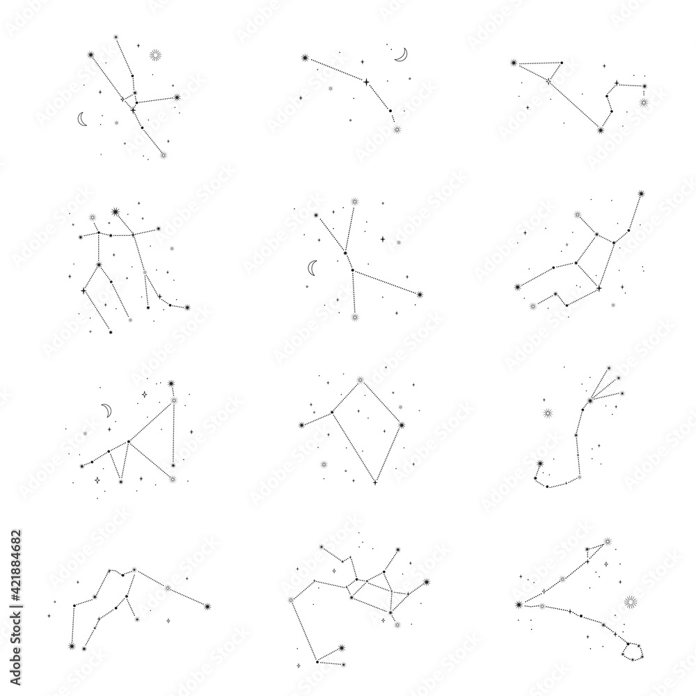 A set of icons of the zodiac constellations.Vector illustration of the starry sky. A set of icons of the zodiac constellations.Vector illustration of the starry sky.