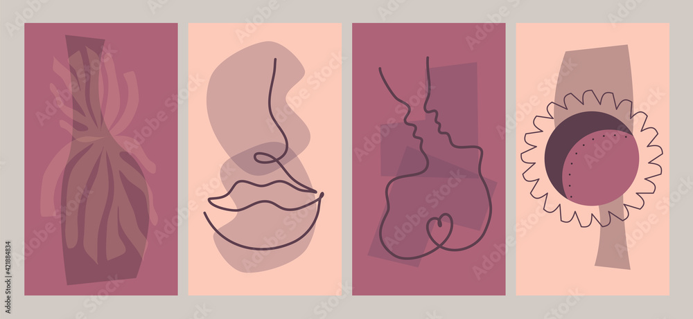 A continuous line of female features, moon and sun and a couple in love on the covers of Boho abstract templates for social media. Vector illustration of modern universal backgrounds.