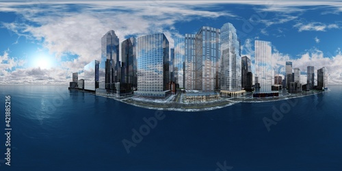 Skyscrapers on the embankment,, HDRI, environment map , Round panorama, spherical panorama, equidistant projection, panorama 360 © ustas
