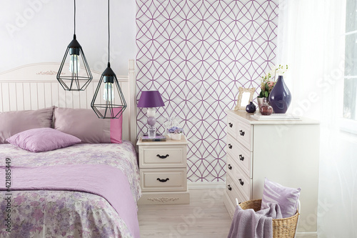 detailed horizontal, exclusive design modern purple bedroom interior design concept and modern lamp. © Ds design studio
