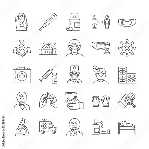 Large set of black and white line icons for flu prevention and symptoms