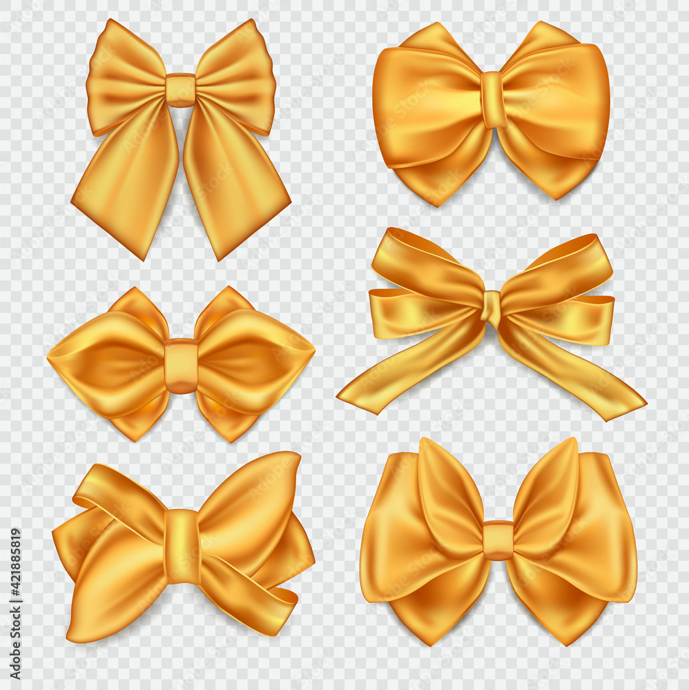 Set of six different gold ribbons tied as decorative bows