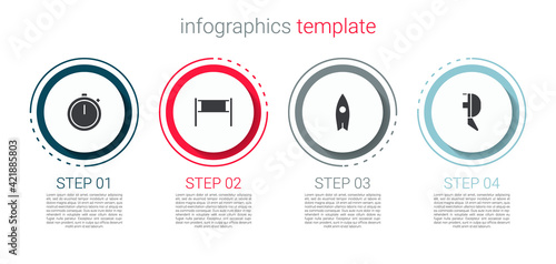 Set Stopwatch, Volleyball net, Surfboard and Fencing helmet mask. Business infographic template. Vector