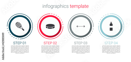 Set Tennis racket, Hockey puck, Barbell and Bottle of water. Business infographic template. Vector
