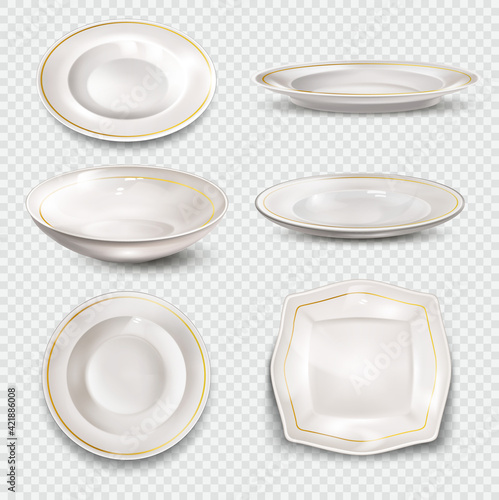 Realistic 3d white china plates and bowls with gold trim