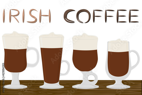 Illustration on theme for cream cocktail Irish coffee in glass cup with foam