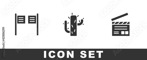 Set Saloon door, Cactus and Movie clapper icon. Vector