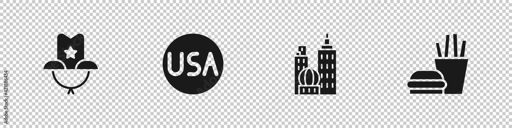 Set Western cowboy hat, USA label, City landscape and Burger french fries icon. Vector Set Western cowboy hat, USA label, City landscape and Burger french fries icon. Vector