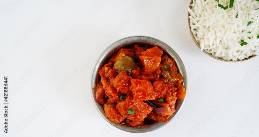 Indian Chilli chicken dry isolated on white, selective focus