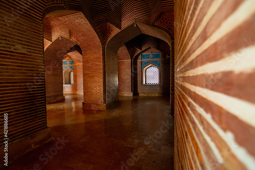 Inside view of Shahjahan mosque The Shah Jahan Mosque  also known as the Jamia Masjid of Thatta  is a 17th-century building that serves as the central mosque for the city of Thatta  in the Pakistani p