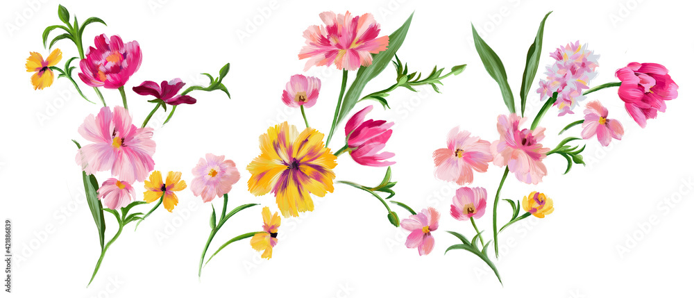 Botanical floral set. Hand drawn abstract meadow fantasy flowers collection isolated on white. Summer floral bouquets.
