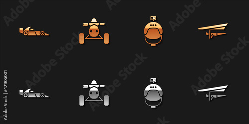 Set Formula 1 racing car, ATV motorcycle, Helmet and action camera and Hang glider icon. Vector
