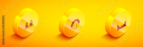 Set Isometric Snowboard, Parachute and Skate park icon. Vector