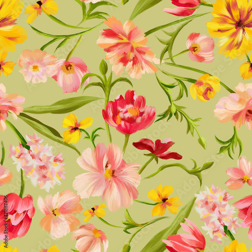 Bright botanical background. Seamless pattern made of garden delicate flowers in bloom isolated on light green, Classic vintage style. Floral colorful ornament for fabric, textile, fashion design.