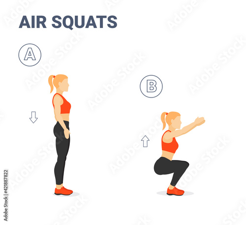 Girl doing Air Squats Exercise Home Workout Guidance.