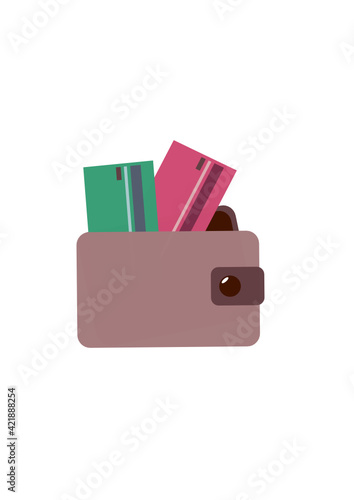 Two payment cards in the wallet. Money, salary, income, non-cash. Purse. Bank cards. Credit cards. Wealth. Success. Flat style vector illustration.