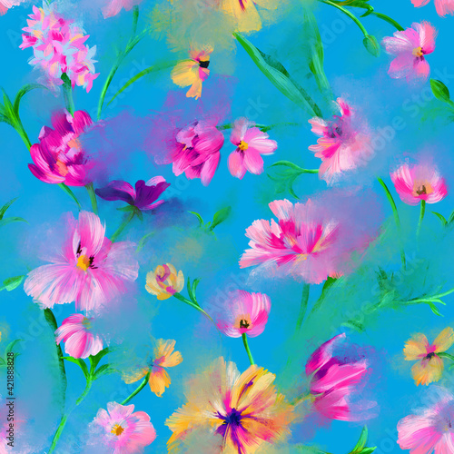 Trendy abstract floral seamless pattern. Defocused bright garden blossom flowers with large buds. Blurred summer botanical ornament for fashion design, textile and fabric.