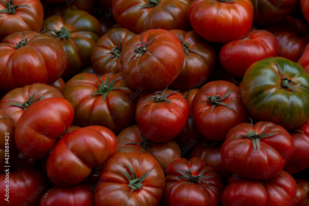 A lot of colorful and healthy tomatoes in a street market A lot of colorful and healthy tomatoes in a street market